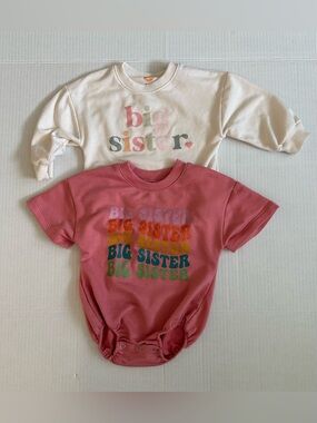 2PCS Baby Girl Big Sister Baby Bodysuits Set Short And Long Sleeve 6-12 Mo